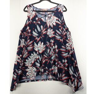 SJS Womens 3X Tropical Leaf Sharkbite Tank Top Navy Red Lattice V-Neck T8407X-RW